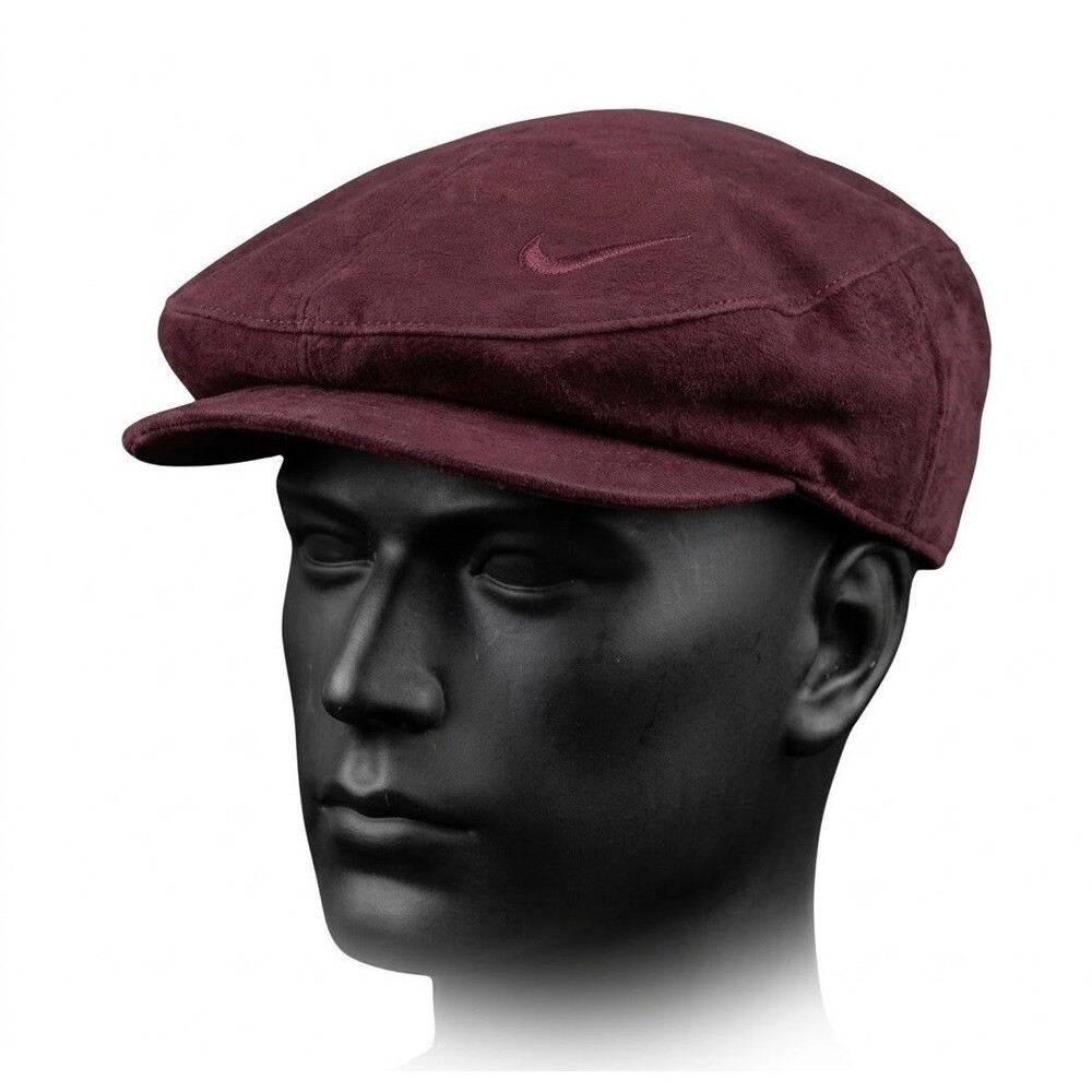 Vintage 90s Nike Cabbie Flat Cap Newsboy Hat Burgundy Metal Swoosh Badge